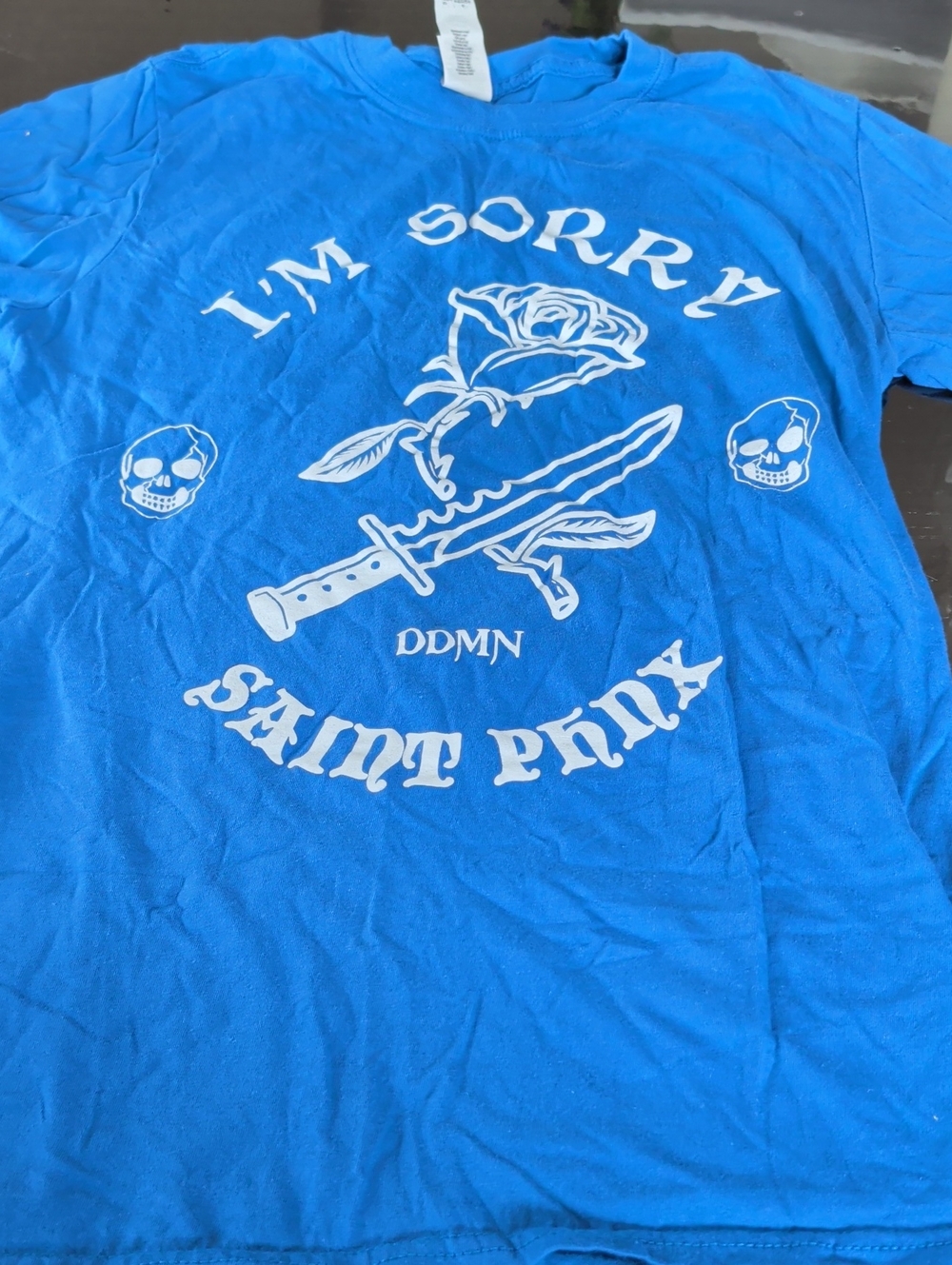 Gildan Blue Saint Phnx "I'm Sorry" Graphic Tee with White Skull & Rose Print